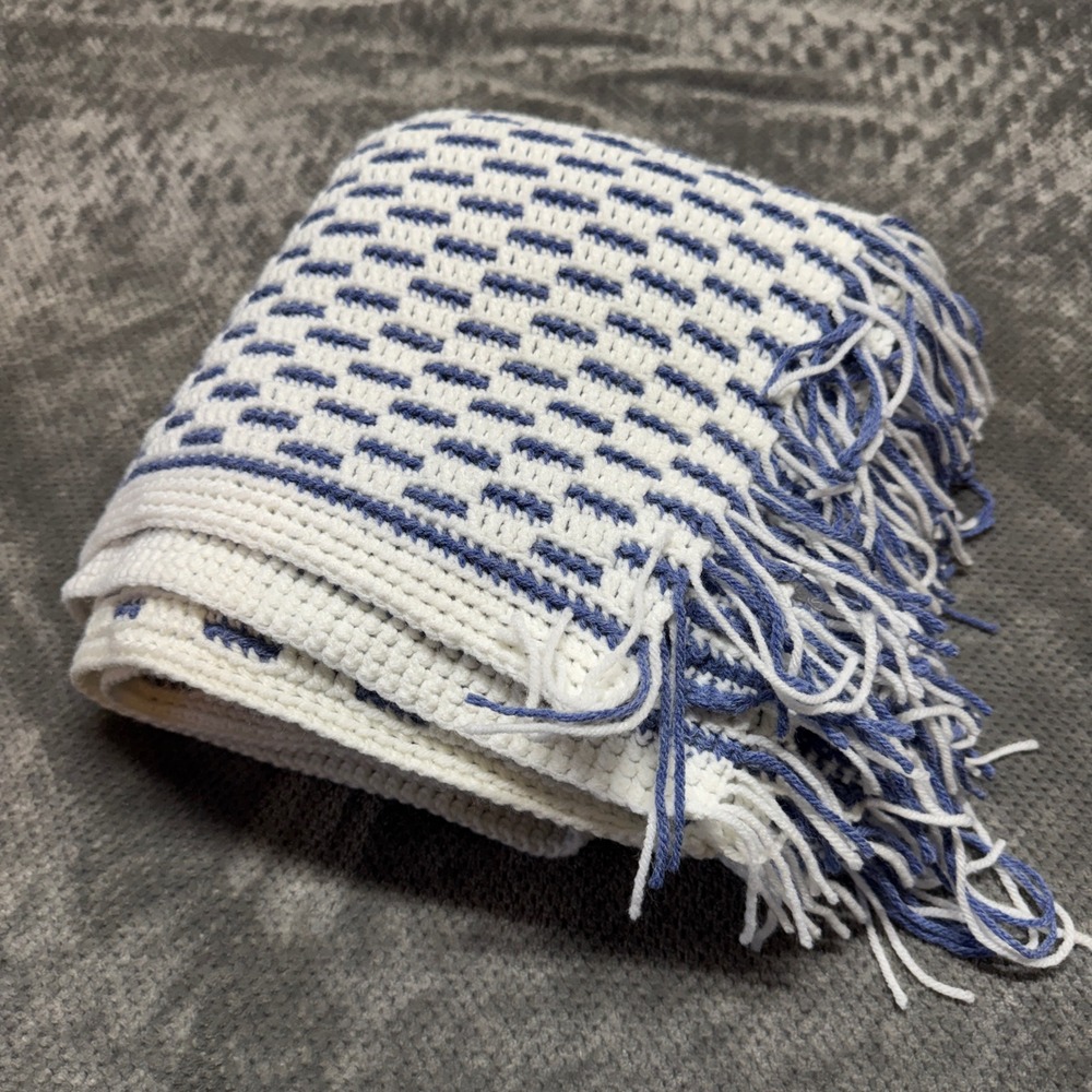 Handmade Crochet Throw Blanket Blue White Geometric Afghan Fringe 52x45